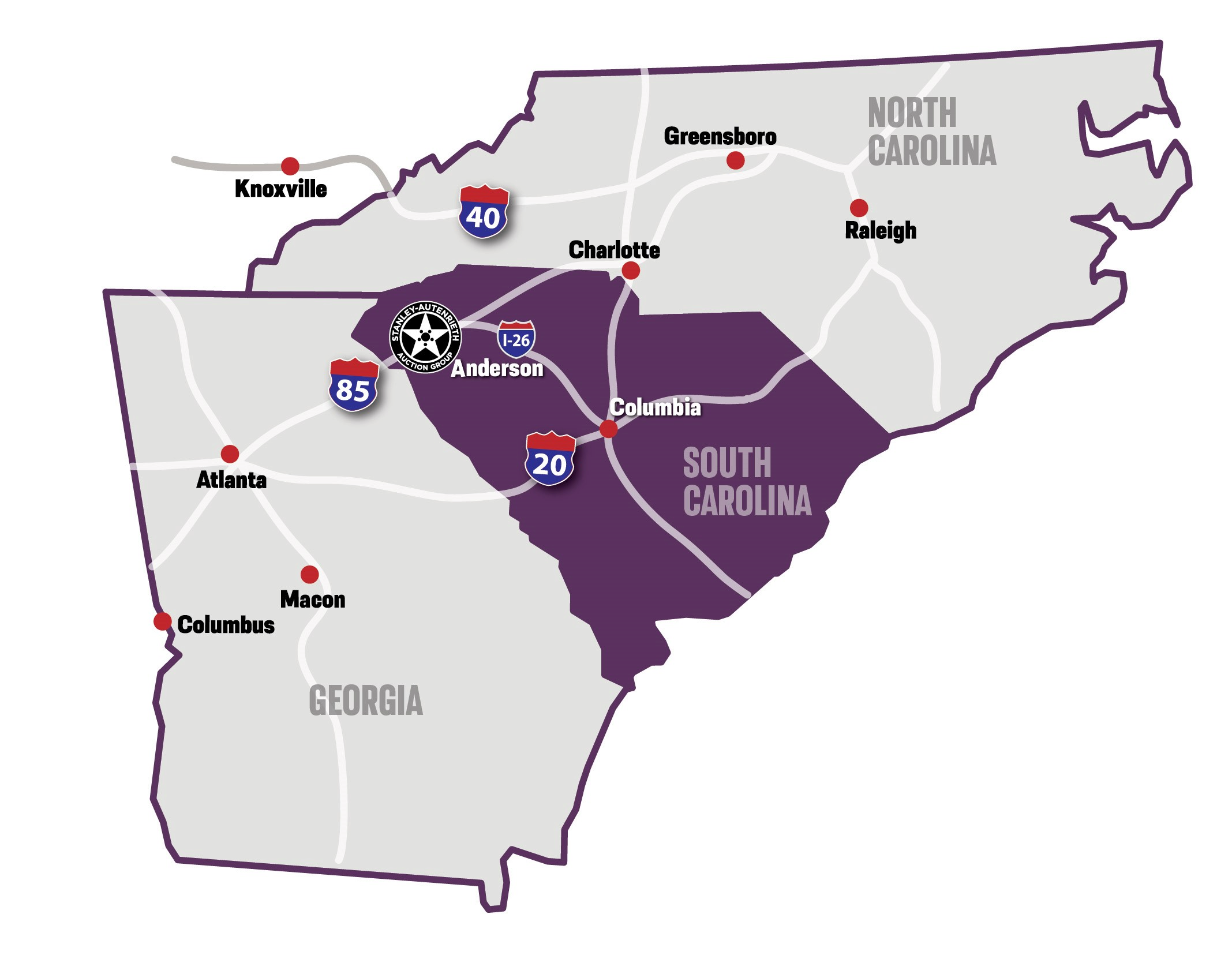 Map of Carolinas and Georgia with Major Highways